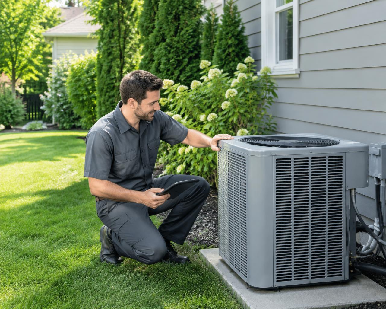 HVAC technician inspecting an outdoor air conditioner